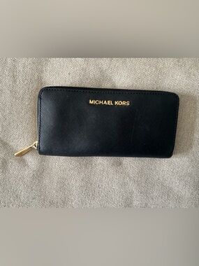 Michael Kors Black Zip-Around Wallet with Gold Logo
